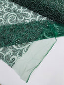 Swirl Design Bead Fabric - Hunter Green - Beaded Swirl Design with Sequins on Mesh Lace by Yard