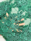 Flower 3D Corded Fabric - Hunter Green - Lace Mesh Fabric Embroidered Floral Design by Yard