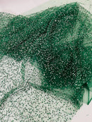 Rhinestone Glitter Mesh Fabric - Hunter Green - Shiny Glitter Mesh Rhinestone Detail Fabric by Yard