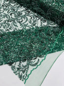 Floral Leaf Bead Fabric - Hunter Green - Leaf Design Shiny Beads and Sequins on Lace Mesh by Yard
