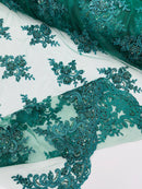 Floral Damask Bead Fabric - Hunter Green - Embroidered Floral Clusters with Beads / Sequins by Yard