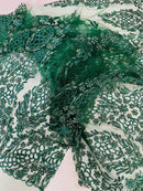 Fancy Rhinestone Glitter Fabric - Hunter Green - Embroidered Damask Design Glitter Mesh Fabric by Yard