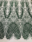 Beaded Embroidered Fabric - Hunter Green - Embroidered Heart and Feather Pattern Fabric Sold By Yard
