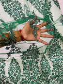 Fancy Rhinestone Glitter Fabric - Hunter Green - Embroidered Damask Design Glitter Mesh Fabric by Yard