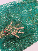 Beaded Embroidered Fabric - Hunter Green - Embroidered Heart and Feather Pattern Fabric Sold By Yard