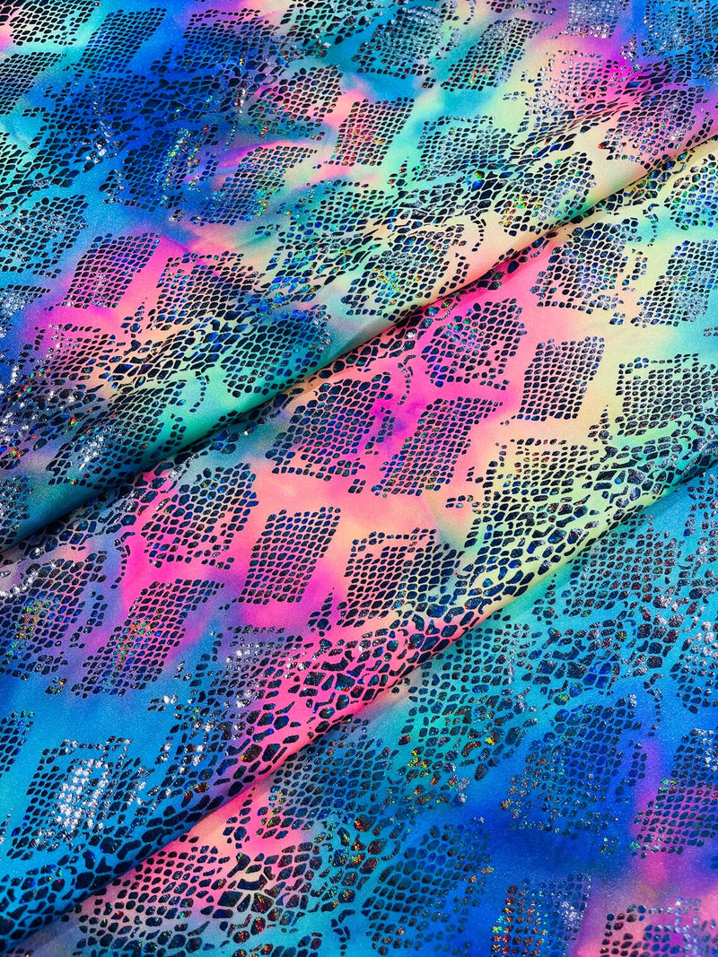 Cobra Spandex Foil Fabric - Hot Pink / Blue - Foiled Snake Cobra Design on Tie Dye Spandex Fabric By Yard