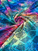 Cobra Spandex Foil Fabric - Hot Pink / Blue - Foiled Snake Cobra Design on Tie Dye Spandex Fabric By Yard