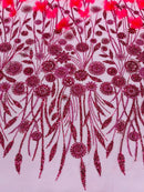 Hot Pink Beaded Fabric 3D Floral Butterfly Fabric by the Yard, Luxury Butterfly