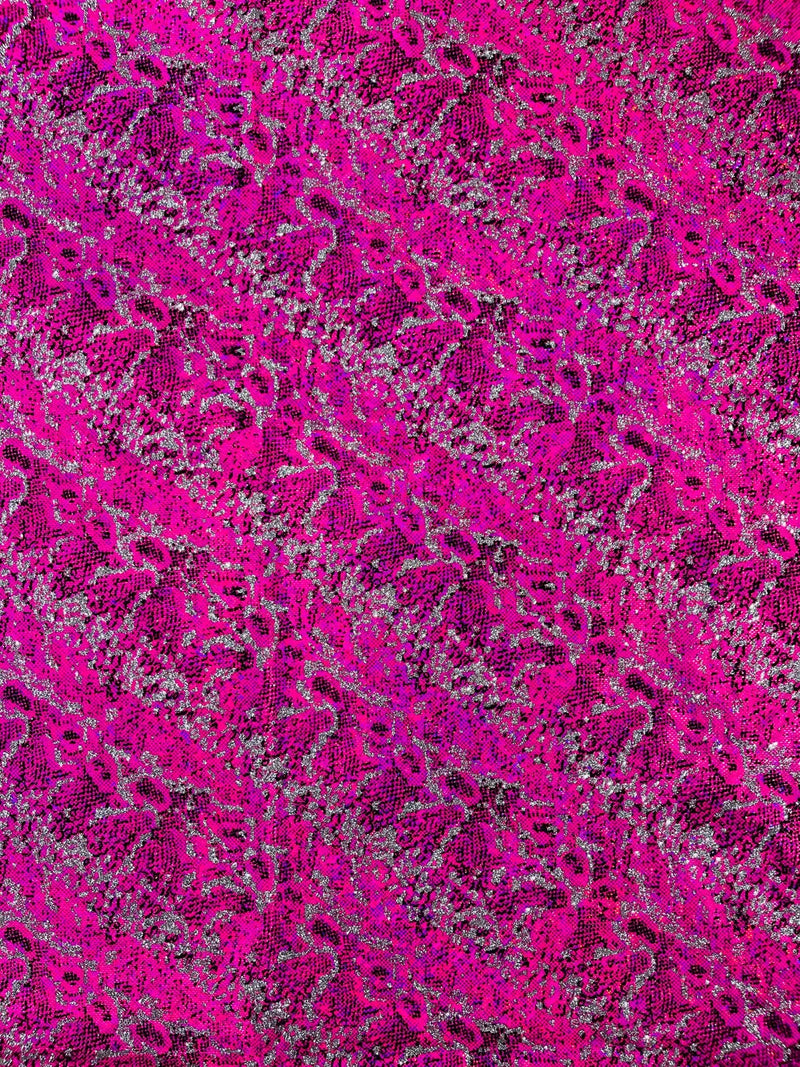 Hot Pink Silver Glitter Snake Design Shattered Glass Nylon Spandex Fabric By Yard, Snake Flocking Hologram, Glitter Snake Nylon Spandex