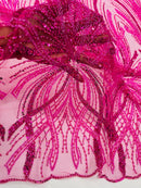 Hot Pink Embroidery Beaded Fabric by Yard, Sequin on a Mesh with Floral Lace
