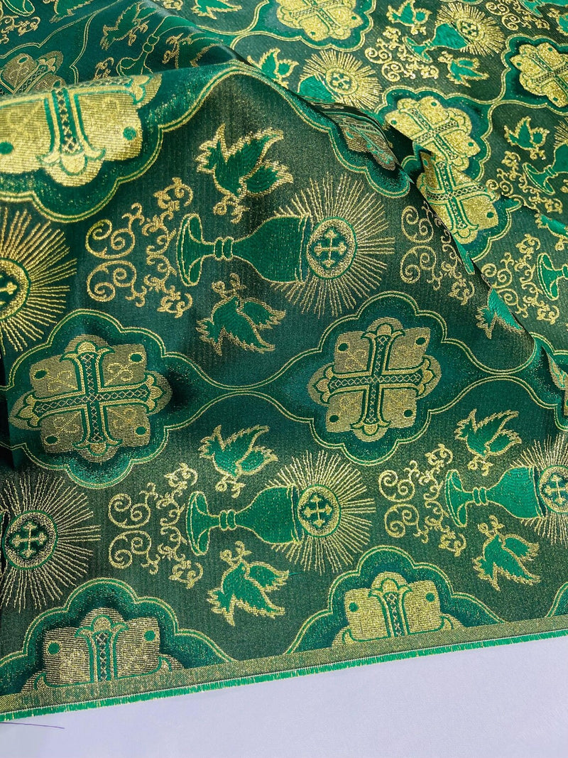 58/60" Church Vestment Brocade Fabric - Jacquard Cross and Doves Print Church Vestment By Yard