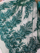 Hunter Green Rhinestones Glitter Fabric on a Mesh by the Yard | Quinceañera Design Glitter Rhinestones on Mesh Fabric Prom Dress