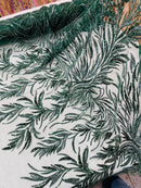 Hunter Green Beaded Fabric by the yard, Bridal beaded, Damask Pattern With Beads and Sequin