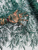 Hunter Green Beaded Fabric by the yard, Bridal beaded, Damask Pattern With Beads and Sequin