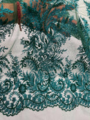 Hunter Green Rhinestones Glitter Fabric on a Mesh by the Yard | Quinceañera Design Glitter Rhinestones on Mesh Fabric Prom Dress