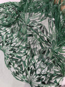 Hunter Green Beaded Fabric By The Yard, Luxury Geometric Design Beads and Sequins
