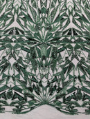 Hunter Green Beaded Fabric By The Yard, Luxury Geometric Design Beads and Sequins