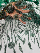 Hunter Green Beaded Fabric 3D Floral Butterfly Fabric by the Yard, Luxury Butterfly