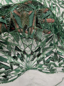 Hunter Green Beaded Fabric By The Yard, Luxury Geometric Design Beads and Sequins