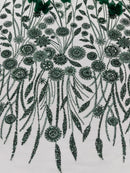 Hunter Green Beaded Fabric 3D Floral Butterfly Fabric by the Yard, Luxury Butterfly