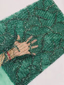 Hunter Green Beaded Fabric by yard, Bridal beaded, Damask Pattern Beads and Sequins