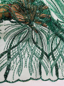 Hunter Green Embroidery Beaded Fabric by Yard, Sequin on a Mesh with Floral Lace