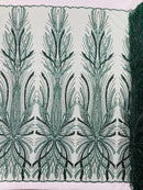 Hunter Green Embroidery Beaded Fabric by Yard, Sequin on a Mesh with Floral Lace
