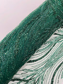 Hunter Green Embroidery Beaded Fabric by Yard, Sequin on a Mesh with Floral Lace