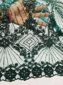 Hunter Green Beaded Geometric Pattern Beaded Fabric by the yard, Embroidery Beaded Lace Fabric (Copy)