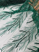 Hunter Green Embroidery Beaded Fabric by Yard, Sequin on a Mesh with Floral Lace
