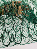 Hunter Green Luxury Beaded Pattern Fabric by the yard, Embroidery Beaded Lace Fabric