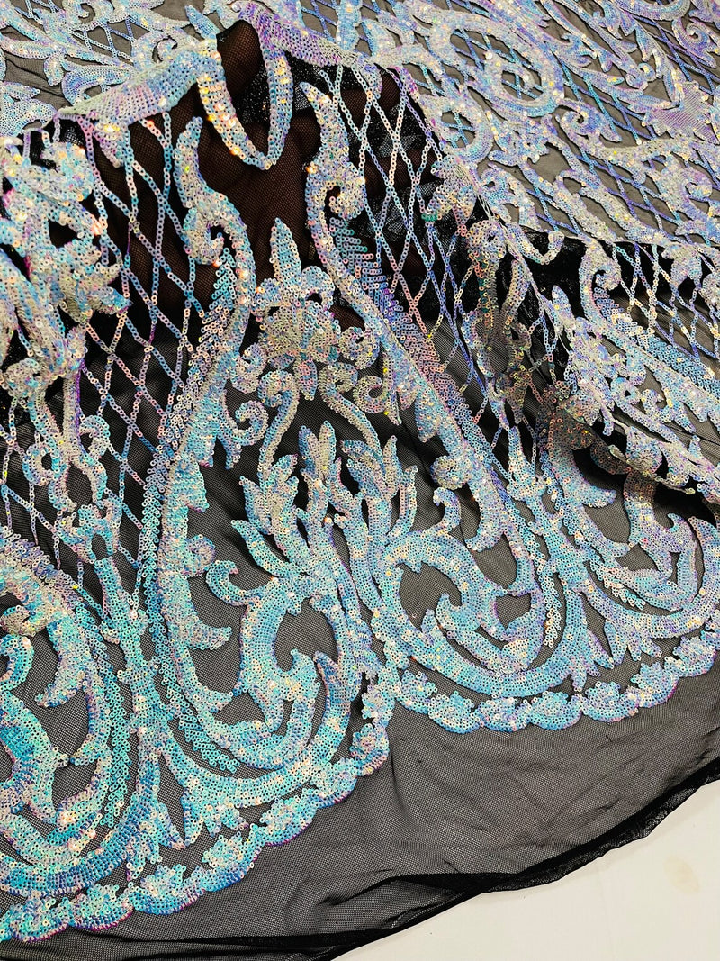 Heart Shape Sequins Fabric - Iridescent Aqua on Black - 4 Way Stretch Sequins Damask Fabric By Yard