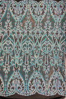 Heart Shape Sequins Fabric - Iridescent Aqua on Black - 4 Way Stretch Sequins Damask Fabric By Yard