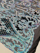 Heart Shape Sequins Fabric - Iridescent Aqua on Black - 4 Way Stretch Sequins Damask Fabric By Yard