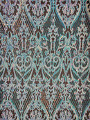 Heart Shape Sequins Fabric - Iridescent Aqua on Black - 4 Way Stretch Sequins Damask Fabric By Yard