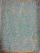 Heart Shape Sequins Fabric - Iridescent Aqua on Nude - 4 Way Stretch Sequins Damask Fabric By Yard