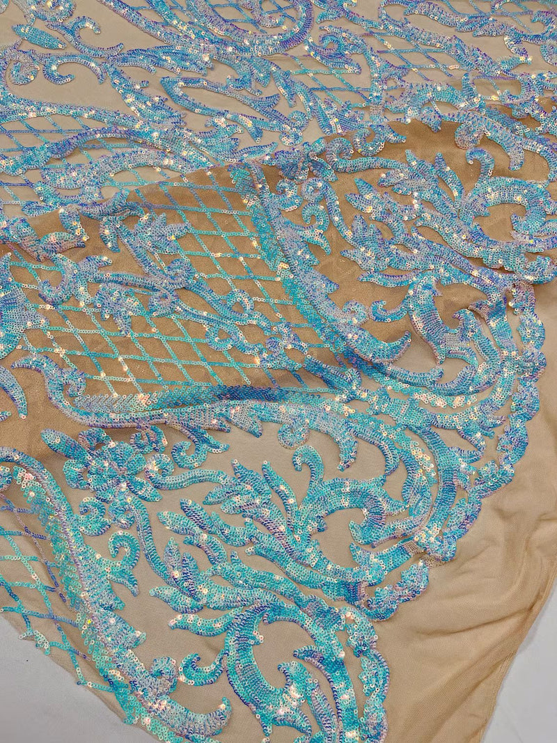 Heart Shape Sequins Fabric - Iridescent Aqua on Nude - 4 Way Stretch Sequins Damask Fabric By Yard