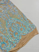 Heart Shape Sequins Fabric - Iridescent Aqua on Nude - 4 Way Stretch Sequins Damask Fabric By Yard