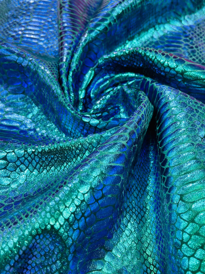 Anaconda Foil Velvet - Iridescent Green - Shiny Foil Velvet Anaconda Snake Print Fabric Sold By The Yard