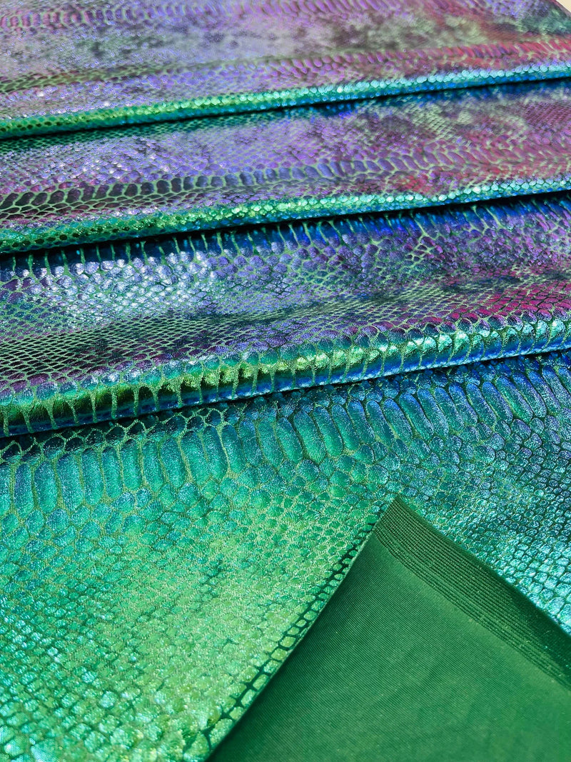 Anaconda Foil Velvet - Iridescent Green - Shiny Foil Velvet Anaconda Snake Print Fabric Sold By The Yard