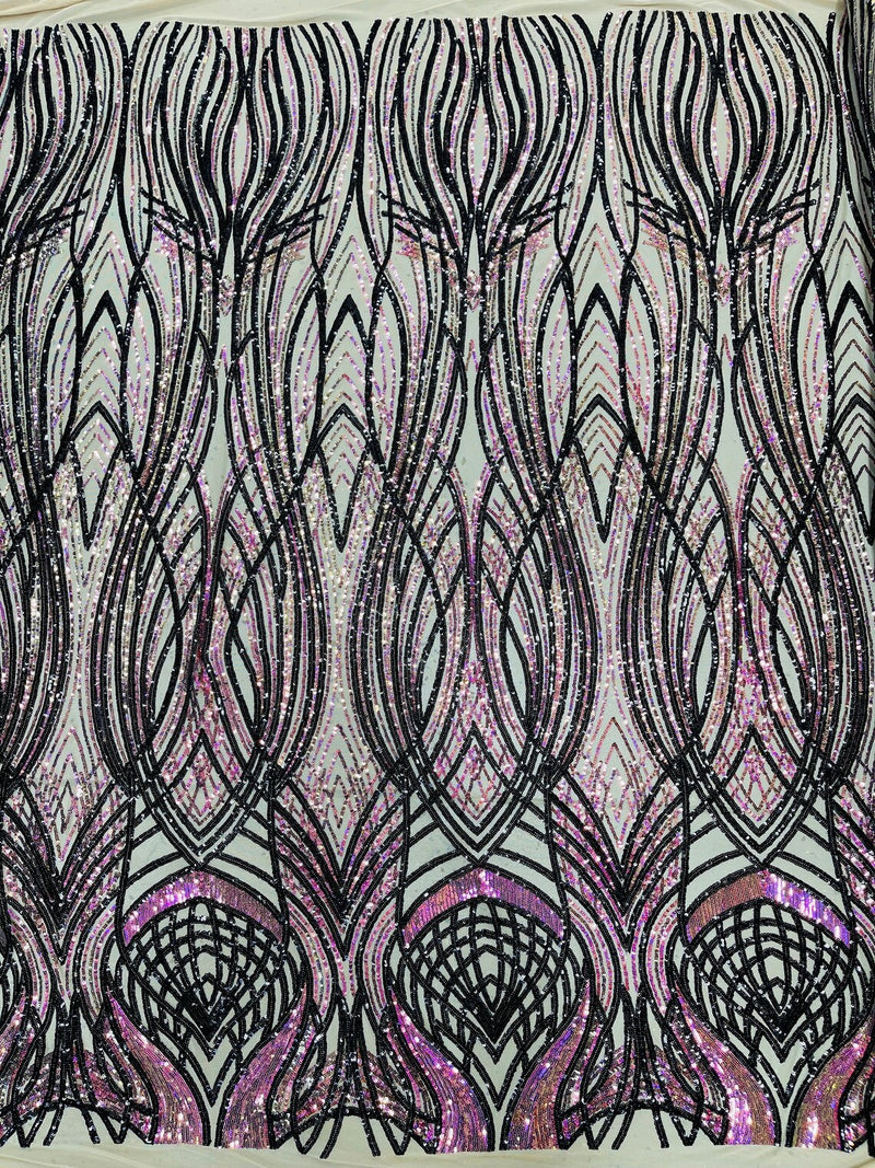 Long Wavy Line Design Sequins - Iridescent Purple / Black - 4 Way Stretch Sequin Design Mesh Fabric By Yard