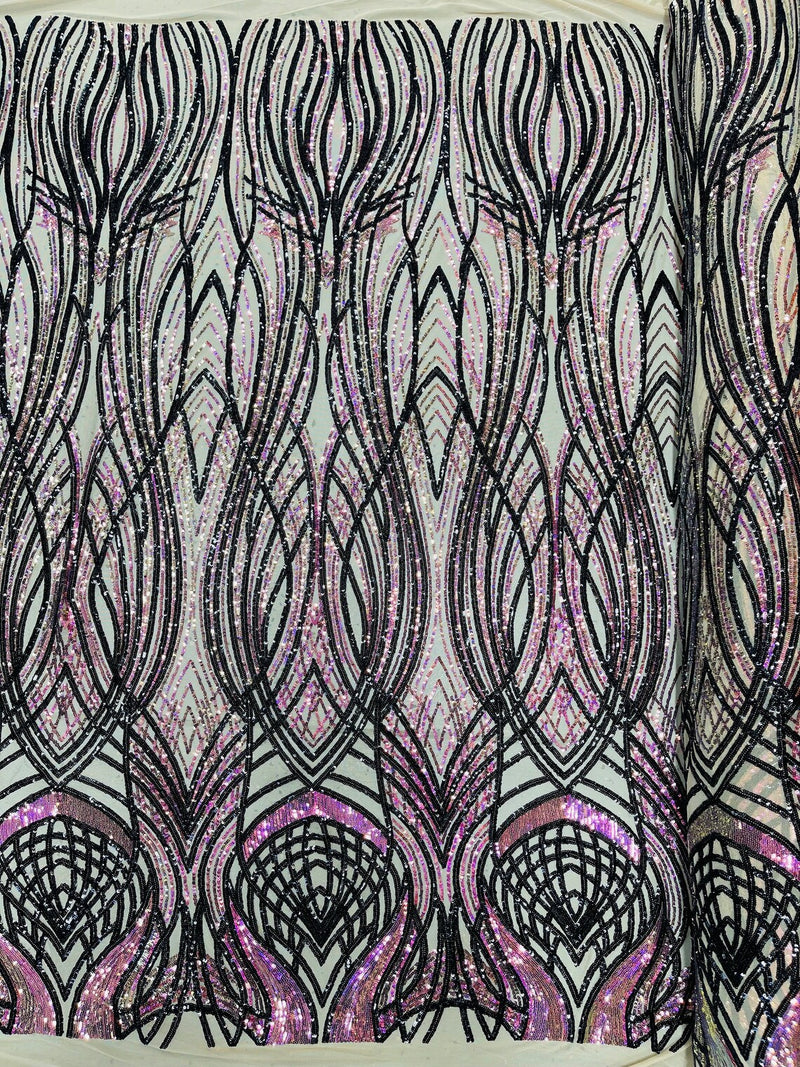 Long Wavy Line Design Sequins - Iridescent Purple / Black - 4 Way Stretch Sequin Design Mesh Fabric By Yard