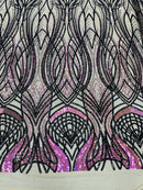 Long Wavy Line Design Sequins - Iridescent Purple / Black - 4 Way Stretch Sequin Design Mesh Fabric By Yard