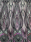 Long Wavy Line Design Sequins - Iridescent Purple / Black - 4 Way Stretch Sequin Design Mesh Fabric By Yard