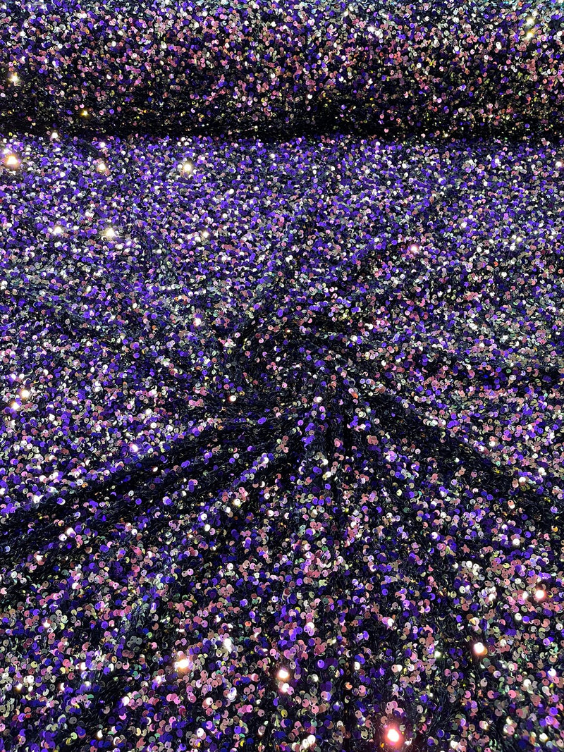 58/60" Velvet Sequins Stretch Fabric - Iridescent Purple on Black - Velvet Sequins 2 Way Stretch Sold By Yard