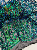 Heart Shape Sequins Fabric - Iridescent Green - 4 Way Stretch Sequins Damask Fabric By Yard