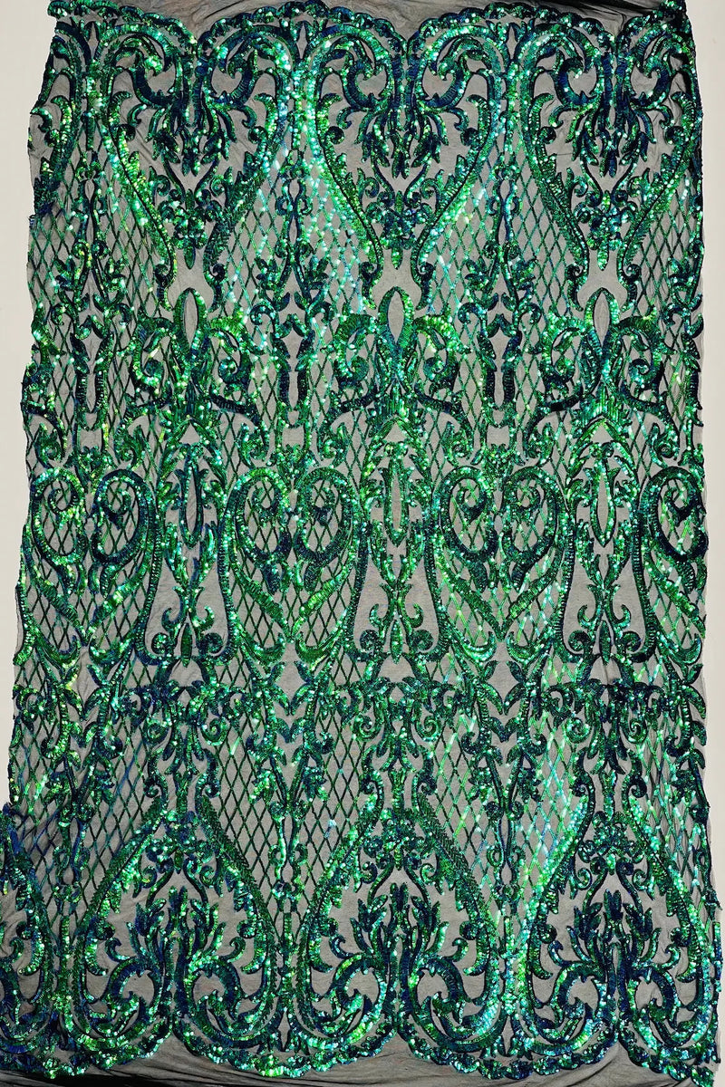 Heart Shape Sequins Fabric - Iridescent Green - 4 Way Stretch Sequins Damask Fabric By Yard