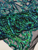 Heart Shape Sequins Fabric - Iridescent Green - 4 Way Stretch Sequins Damask Fabric By Yard