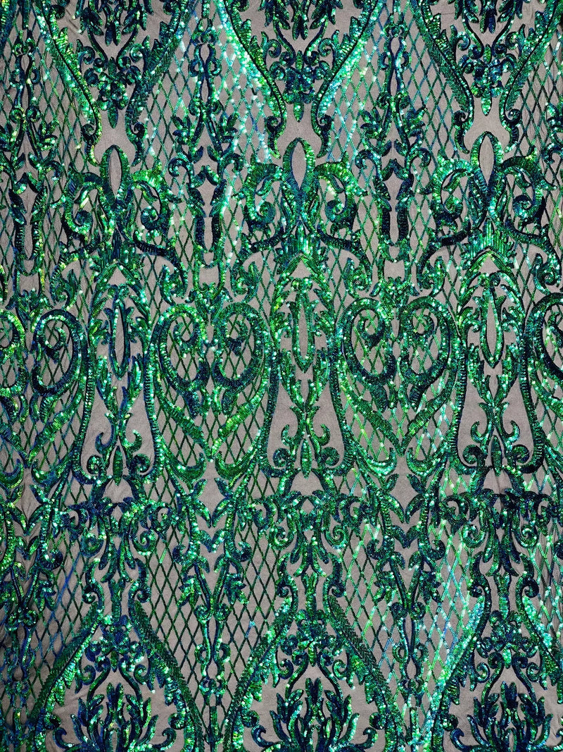 Heart Shape Sequins Fabric - Iridescent Green - 4 Way Stretch Sequins Damask Fabric By Yard