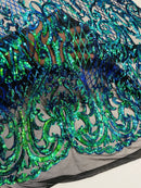 Heart Shape Sequins Fabric - Iridescent Green - 4 Way Stretch Sequins Damask Fabric By Yard